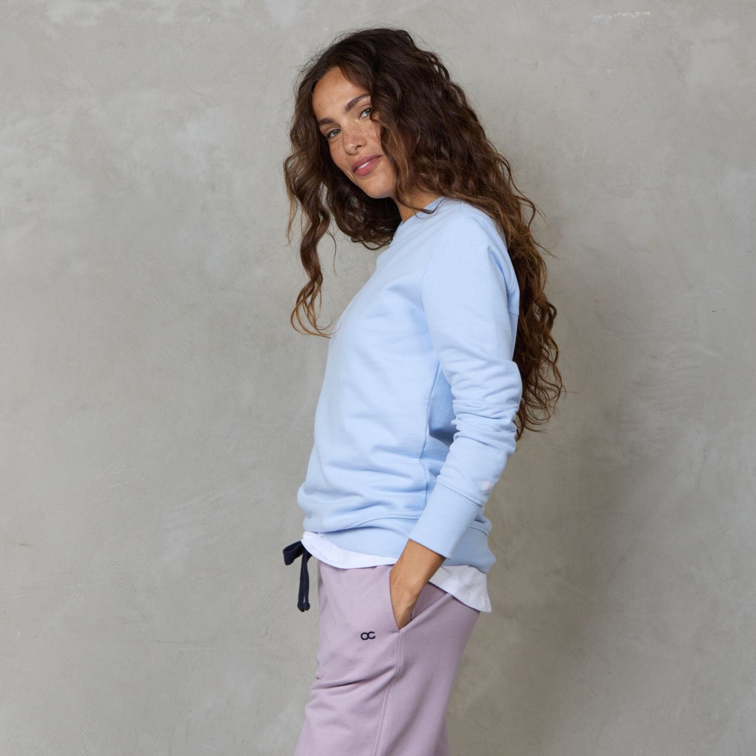 Chloe Organic Cotton Lux Touch Sweater Baby Blue pants Organic Crew 