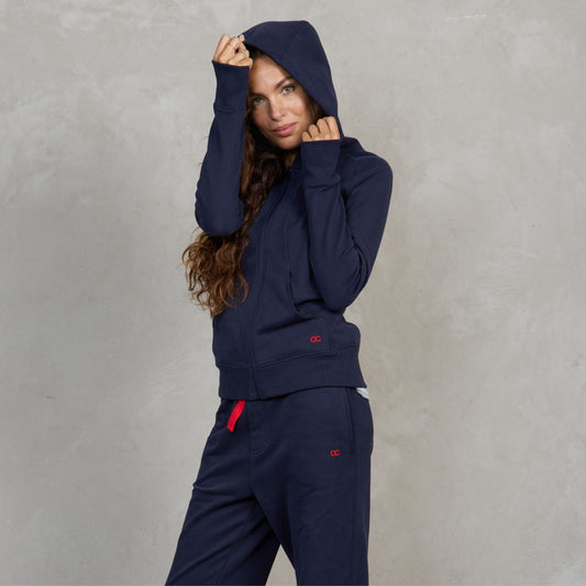 Chloe Zip Through Organic Cotton Lux Touch Hoodie Navy pants Organic Crew 