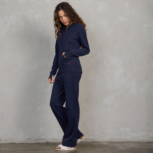 Chloe Zip Through Organic Cotton Lux Touch Hoodie Navy pants Organic Crew 