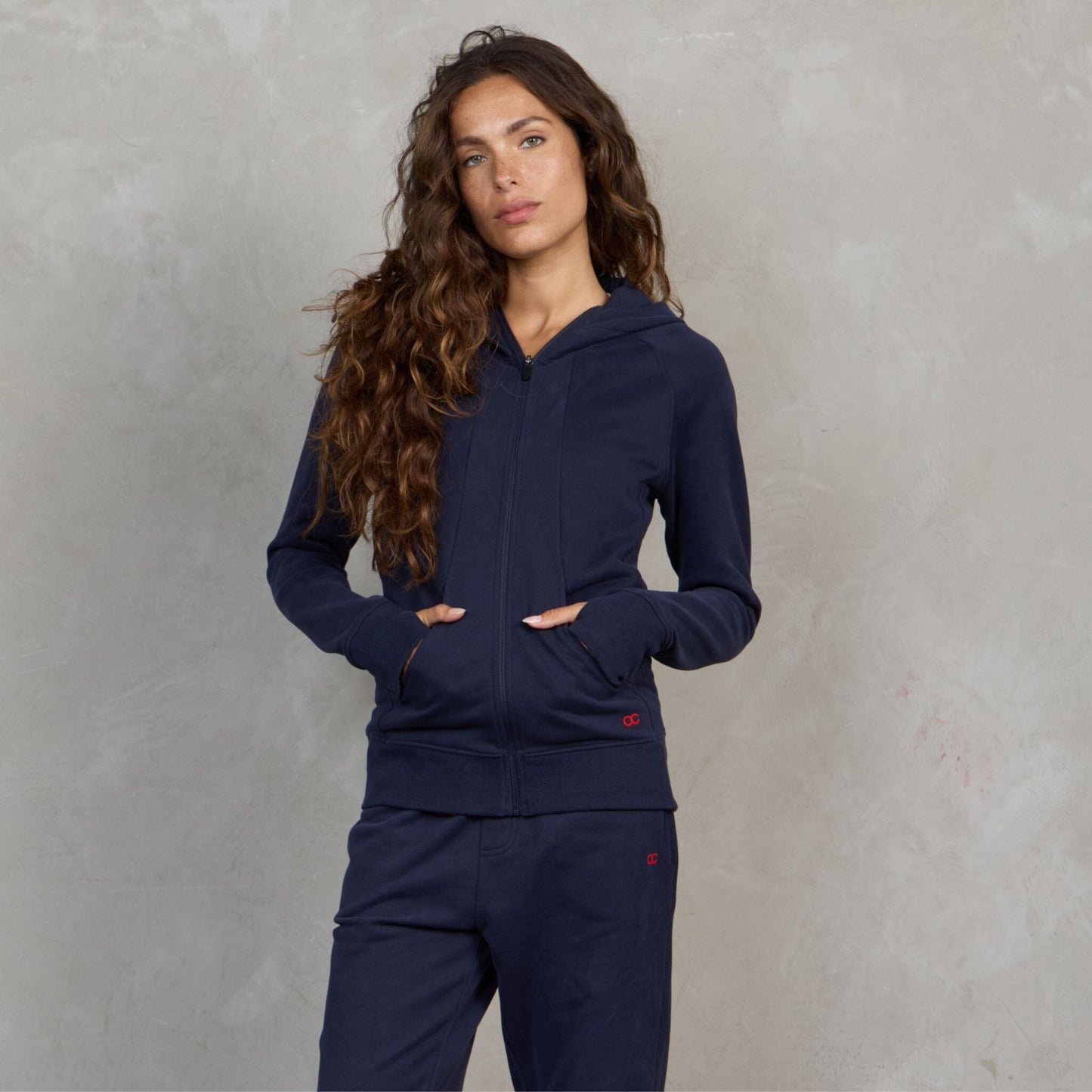 Chloe Zip Through Organic Cotton Lux Touch Hoodie Navy pants Organic Crew 