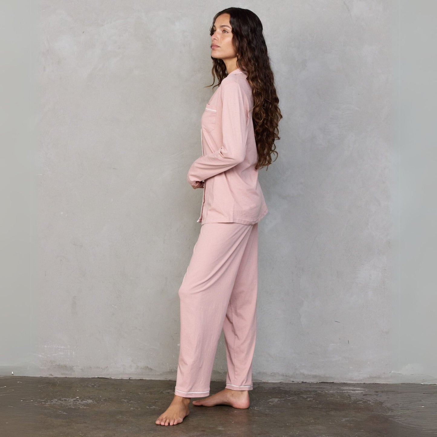 Portsea PJ Set Long Dusty Pink PJs Organic Crew 