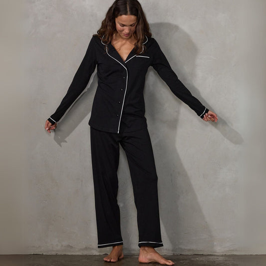 Portsea PJ Set Long Black PJs Organic Crew