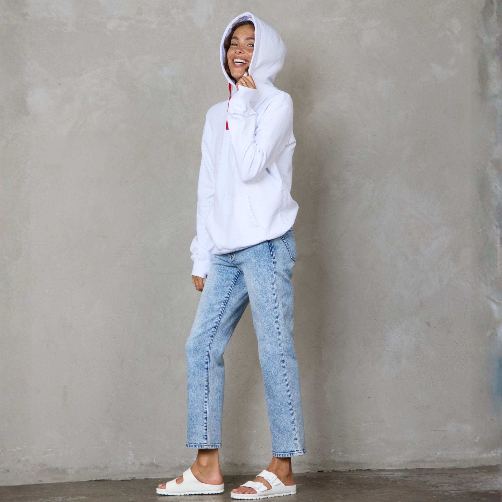 Slouchy Organic Cotton Hoodie White With Red Drawstring Sweater Organic Crew 