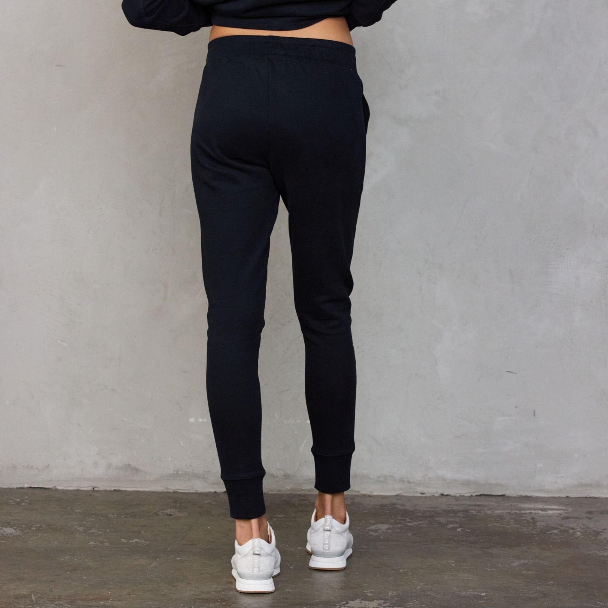 Chloe Organic Cotton Lux Touch Jogger Black with White Drawstring pants Organic Crew 