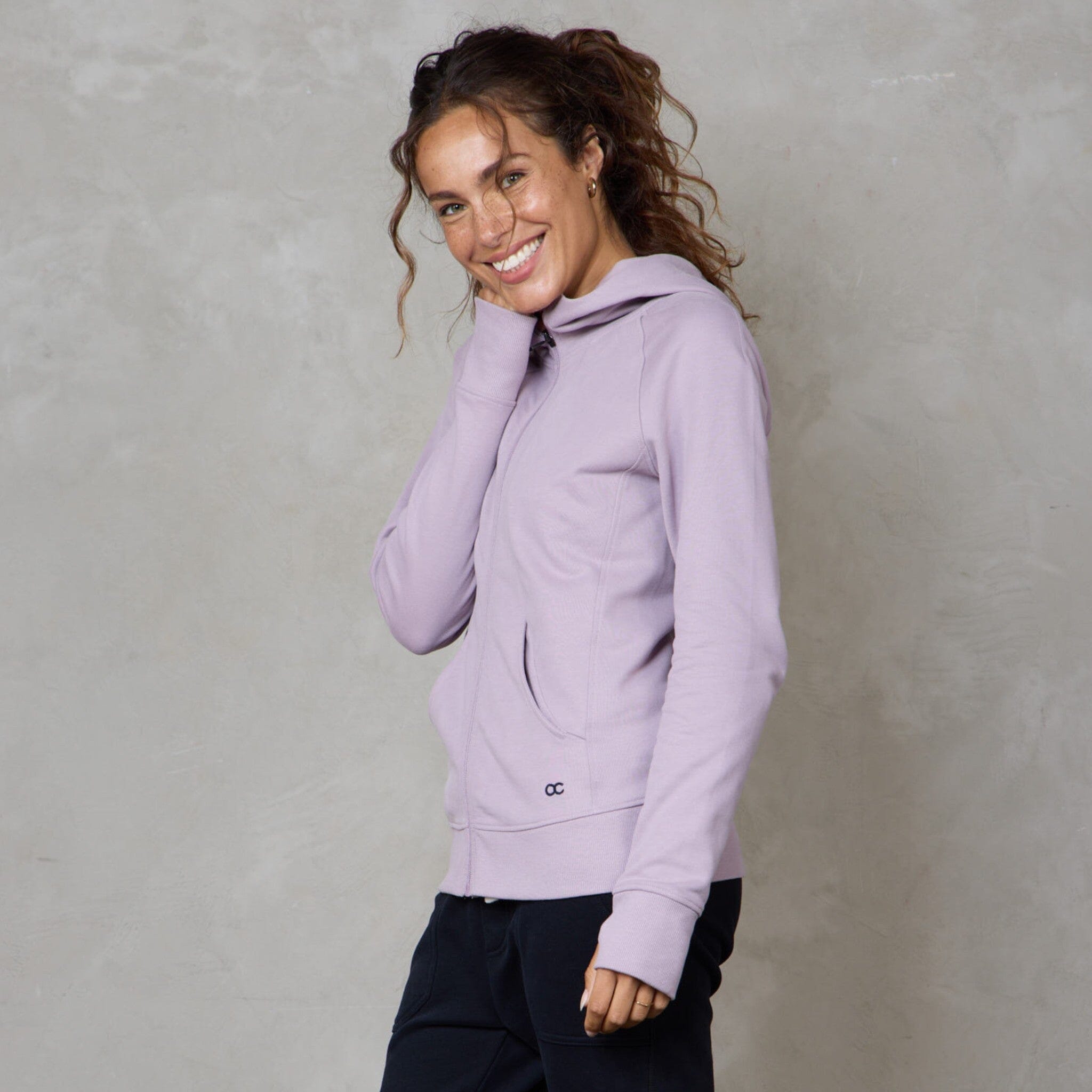 Chloe Zip Up Organic Cotton Lux Touch Hoodie Dusty Rose pants Organic Crew 