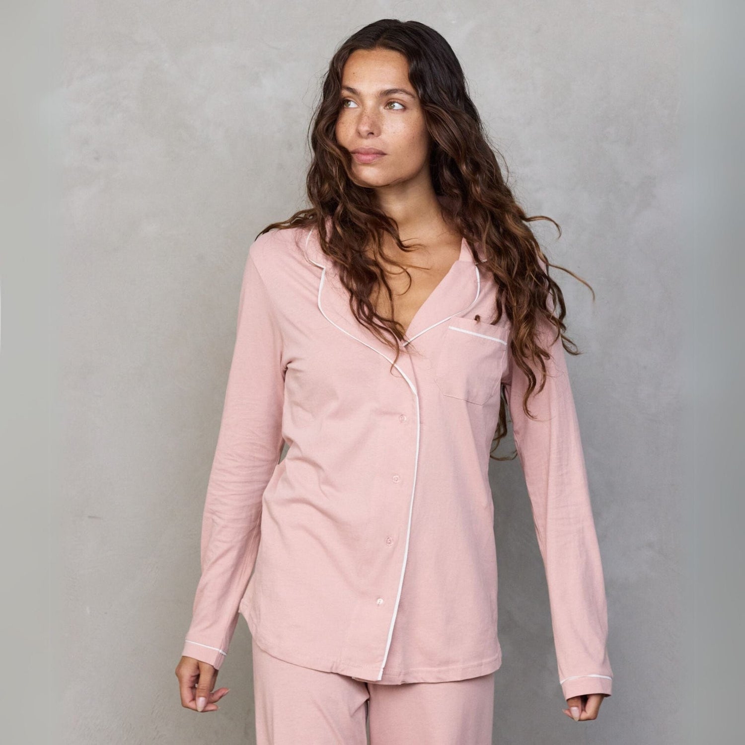 Portsea PJ Set Long Dusty Pink PJs Organic Crew 