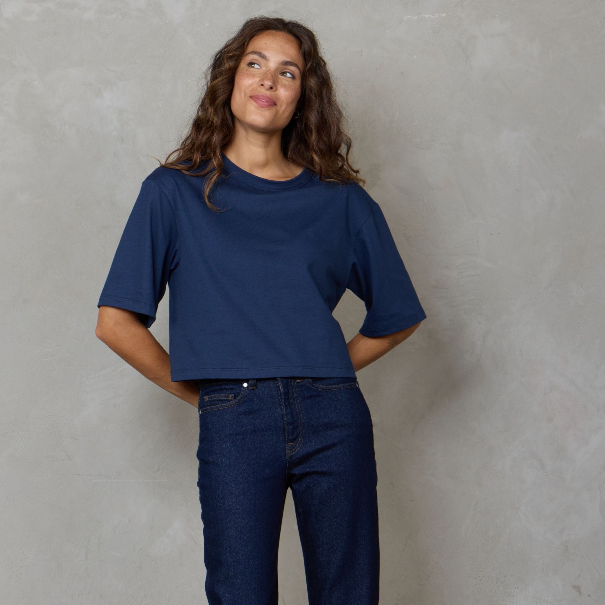 Luna Organic Cotton Cropped Tee Navy Tee Shirt Organic Crew 
