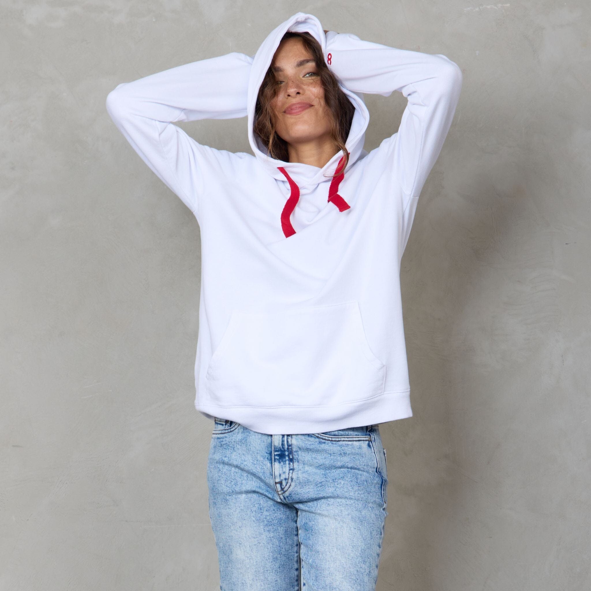 Slouchy Organic Cotton Hoodie White With Red Drawstring Sweater Organic Crew 
