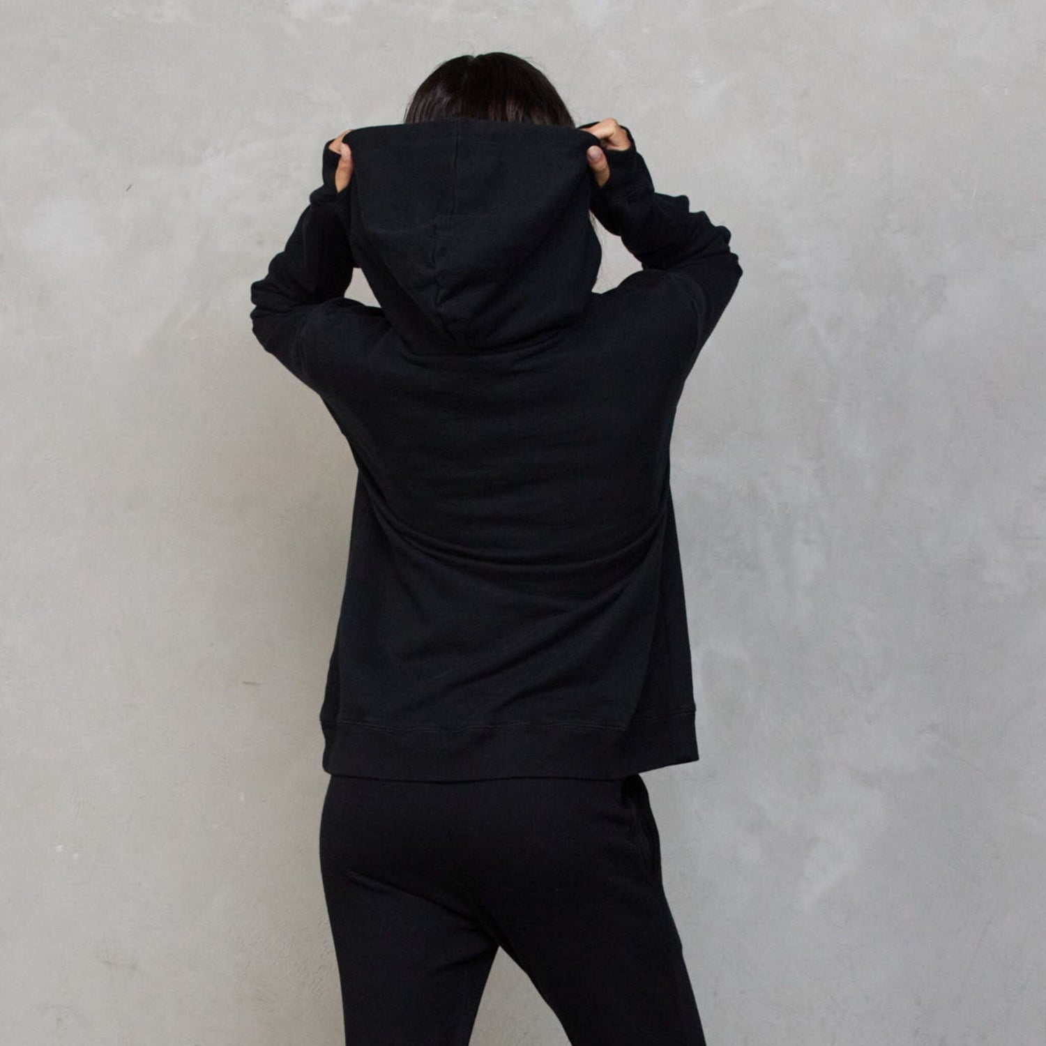 Slouchy Organic Cotton Hoodie Black with Black Drawstring Sweater Organic Crew 