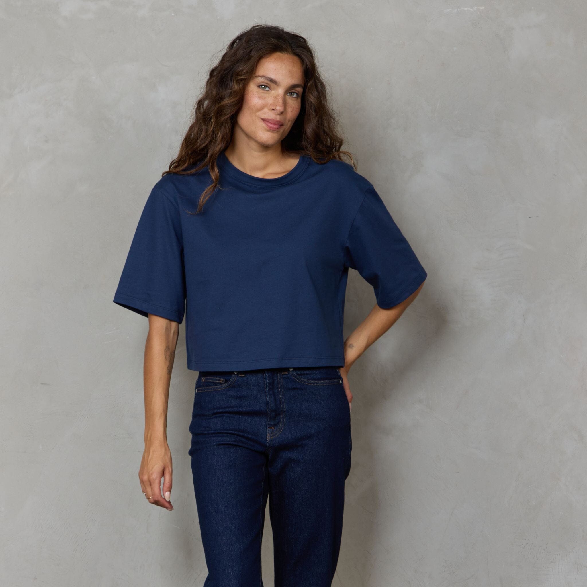 Luna Organic Cotton Cropped Tee Navy Tee Shirt Organic Crew 