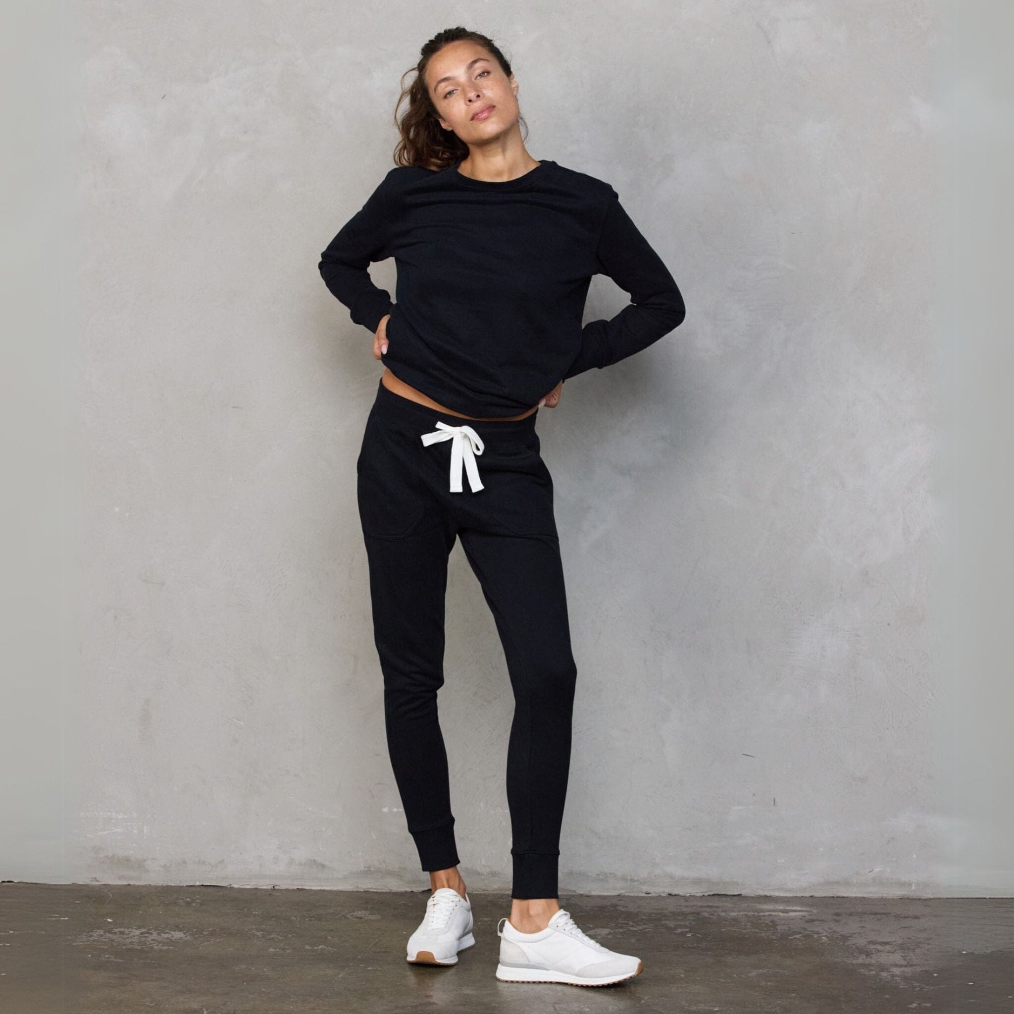 Chloe Organic Cotton Lux Touch Jogger Black with White Drawstring pants Organic Crew 
