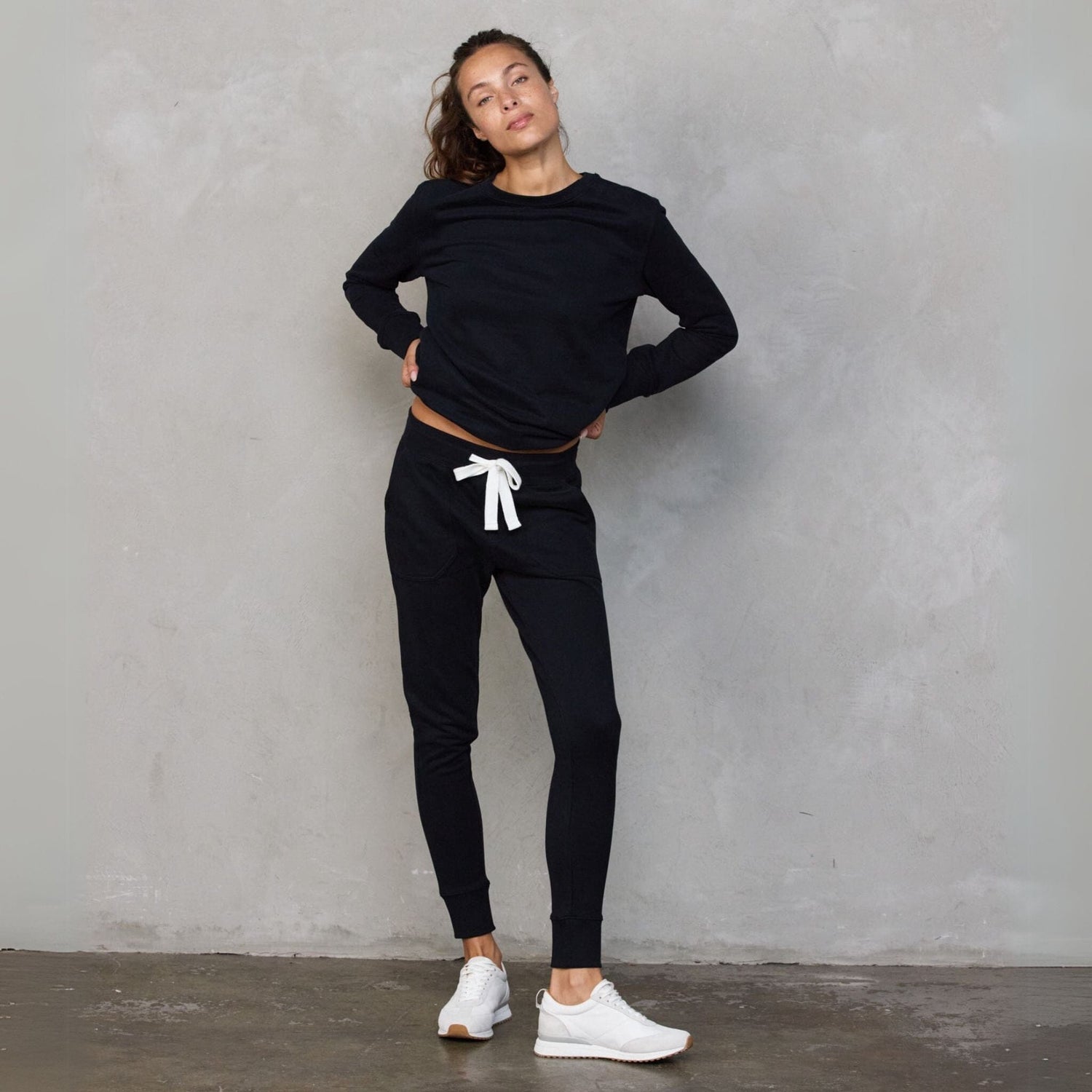 Chloe Organic Cotton Lux Touch Jogger Black with White Drawstring pants Organic Crew 