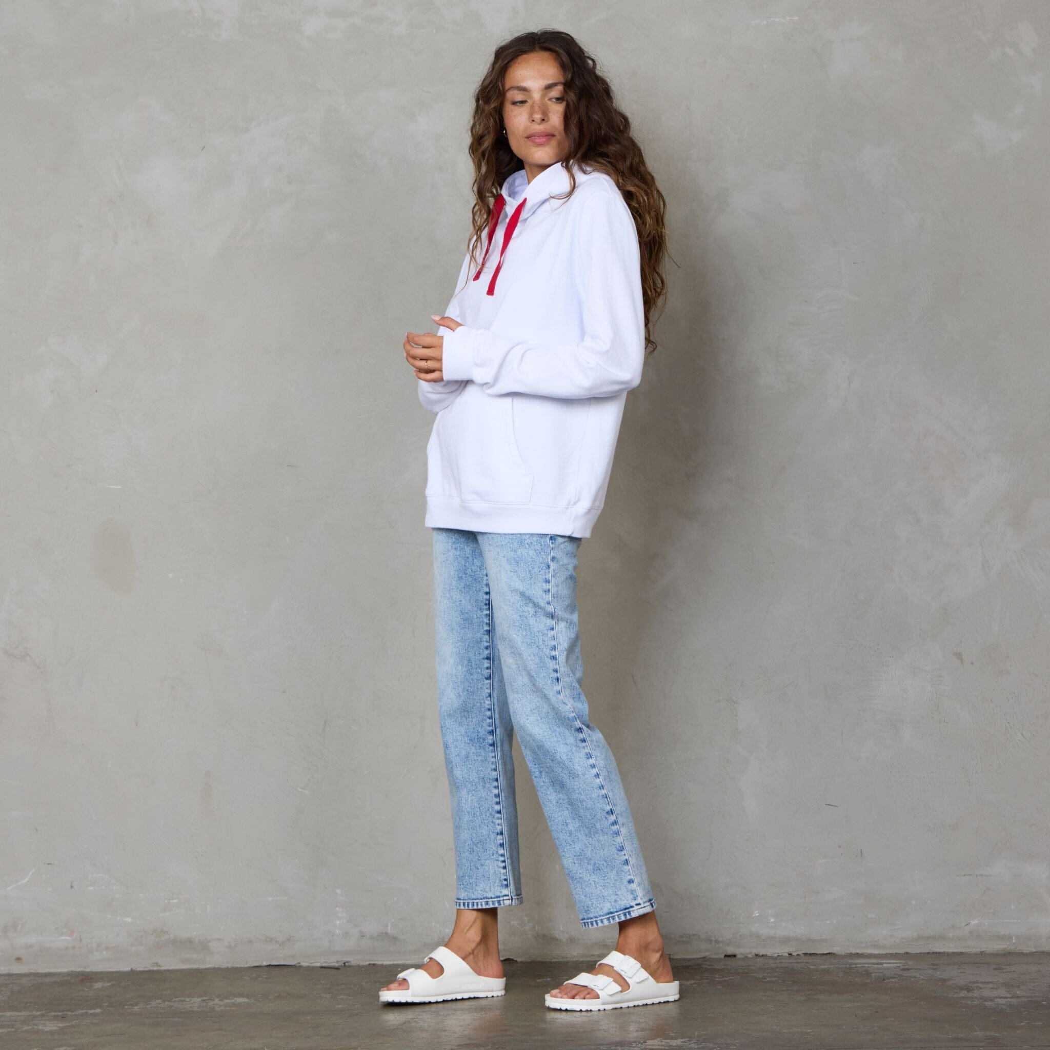 Slouchy Organic Cotton Hoodie White With Red Drawstring Sweater Organic Crew 