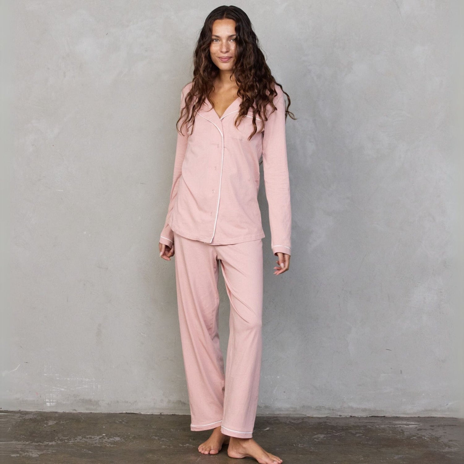 Portsea PJ Set Long Dusty Pink PJs Organic Crew 