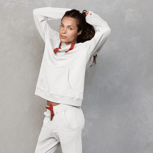 Slouchy Hoodie White with Red Drawstring Sweater Organic Crew