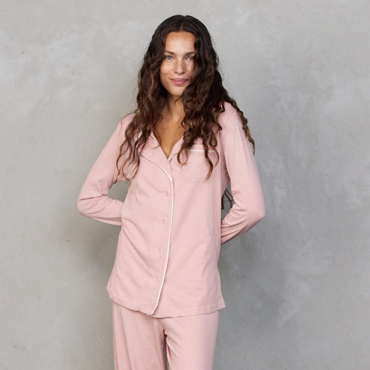 Portsea PJ Set Long Dusty Pink PJs Organic Crew 