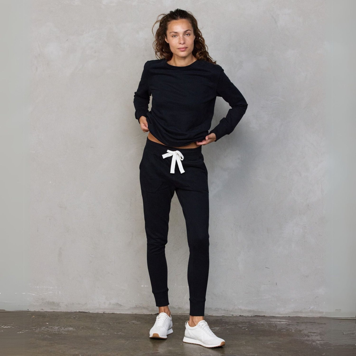 Chloe Organic Cotton Lux Touch Jogger Black with White Drawstring pants Organic Crew 