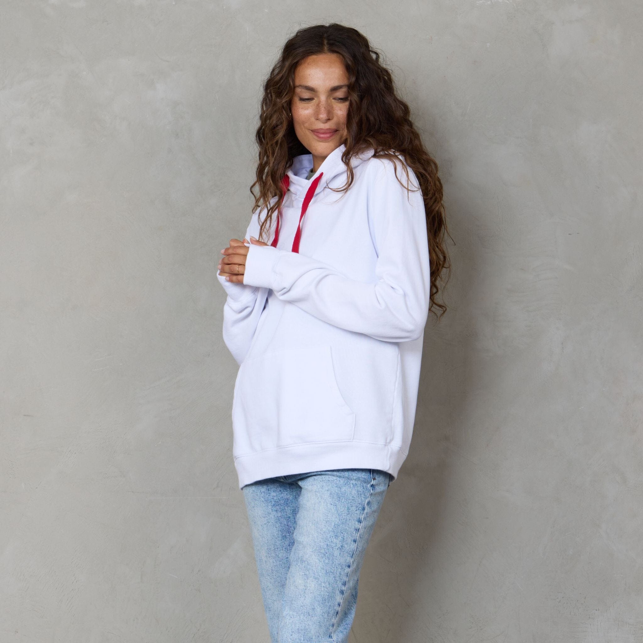 Slouchy Organic Cotton Hoodie White With Red Drawstring Sweater Organic Crew 