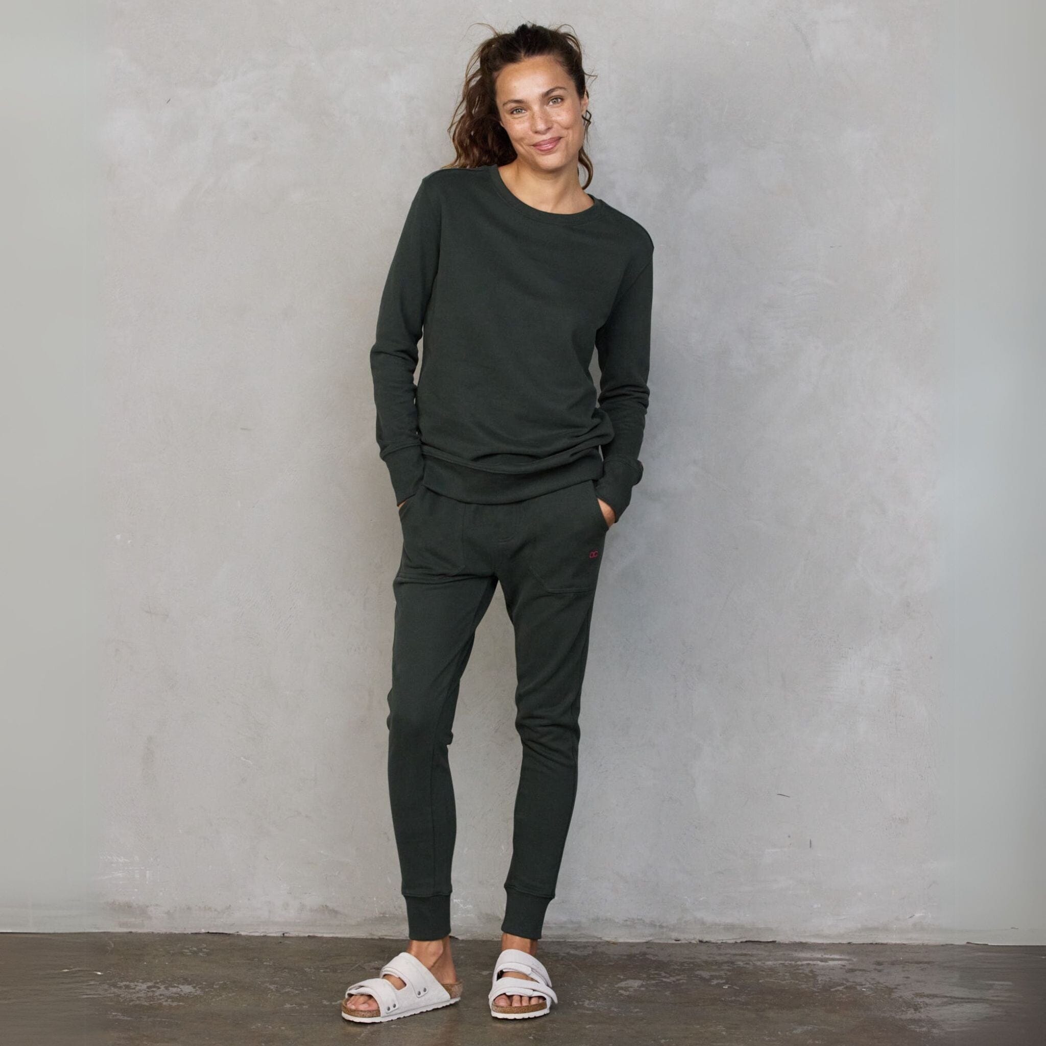 Chloe Lux Sweater Deep Khaki pants Organic Crew 