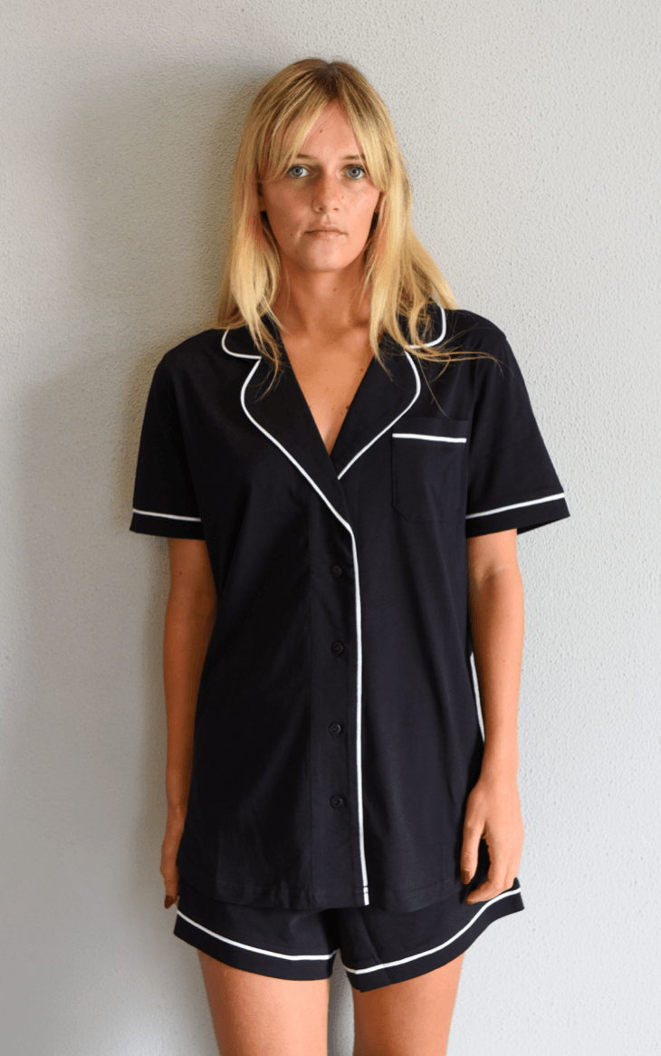 Portsea short sleeved pj set in black pj's Organic Crew 